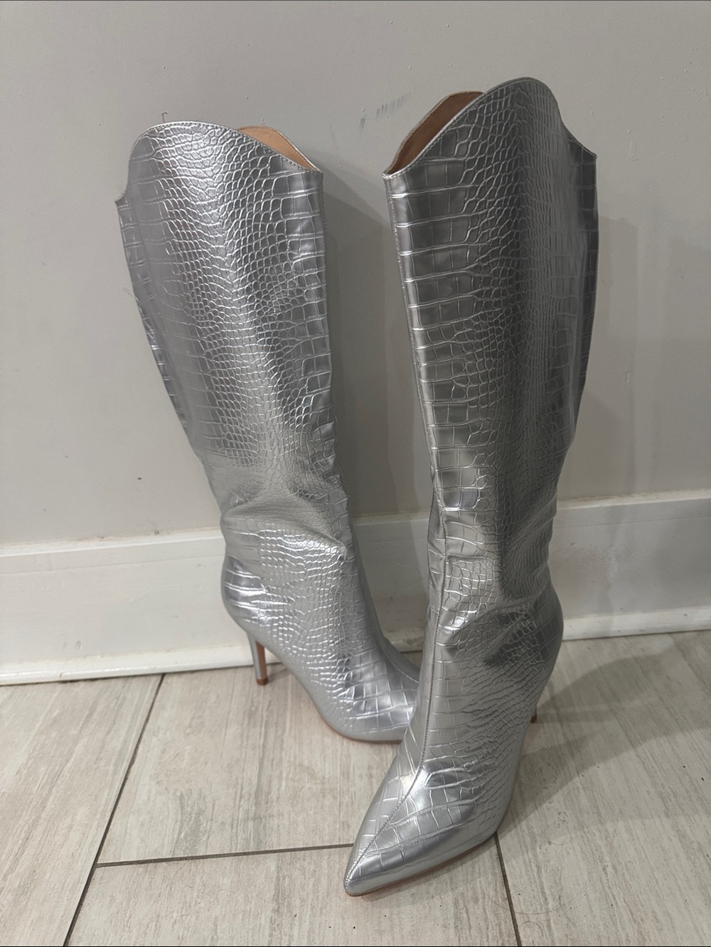 Silver Croc-Embossed Over-the-Knee Pointed-Toe Boots